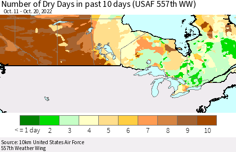 Canada Number of Dry Days in past 10 days (USAF 557th WW) Thematic Map For 10/16/2022 - 10/20/2022