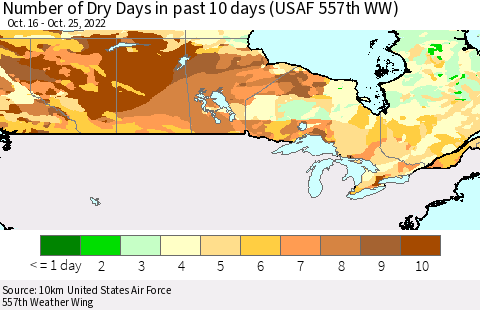 Canada Number of Dry Days in past 10 days (USAF 557th WW) Thematic Map For 10/21/2022 - 10/25/2022