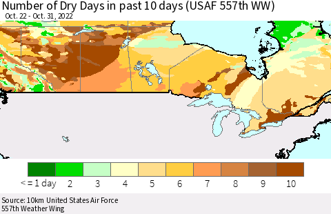 Canada Number of Dry Days in past 10 days (USAF 557th WW) Thematic Map For 10/26/2022 - 10/31/2022