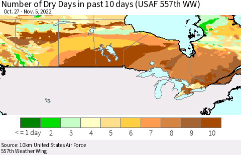 Canada Number of Dry Days in past 10 days (USAF 557th WW) Thematic Map For 11/1/2022 - 11/5/2022