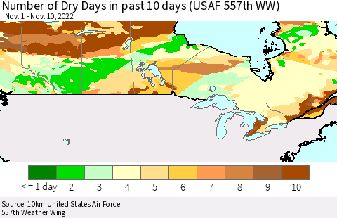 Canada Number of Dry Days in past 10 days (USAF 557th WW) Thematic Map For 11/6/2022 - 11/10/2022