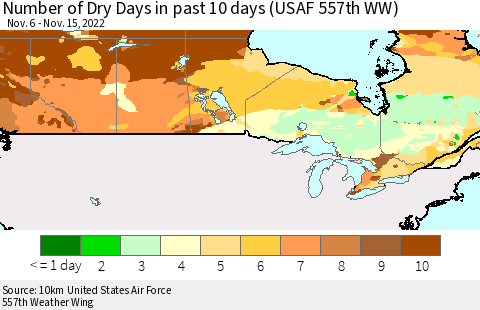 Canada Number of Dry Days in past 10 days (USAF 557th WW) Thematic Map For 11/11/2022 - 11/15/2022