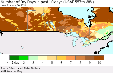 Canada Number of Dry Days in past 10 days (USAF 557th WW) Thematic Map For 11/16/2022 - 11/20/2022