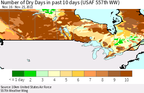 Canada Number of Dry Days in past 10 days (USAF 557th WW) Thematic Map For 11/21/2022 - 11/25/2022