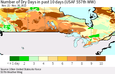 Canada Number of Dry Days in past 10 days (USAF 557th WW) Thematic Map For 11/26/2022 - 11/30/2022