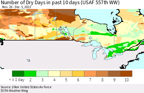 Canada Number of Dry Days in past 10 days (USAF 557th WW) Thematic Map For 12/1/2022 - 12/5/2022