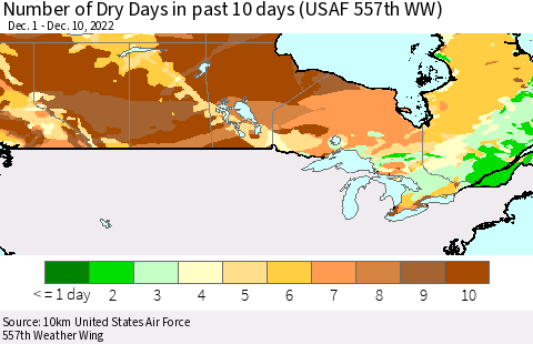 Canada Number of Dry Days in past 10 days (USAF 557th WW) Thematic Map For 12/6/2022 - 12/10/2022
