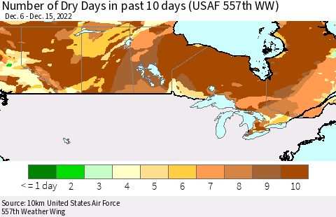 Canada Number of Dry Days in past 10 days (USAF 557th WW) Thematic Map For 12/11/2022 - 12/15/2022