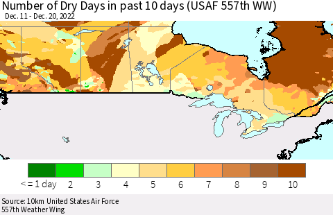 Canada Number of Dry Days in past 10 days (USAF 557th WW) Thematic Map For 12/16/2022 - 12/20/2022