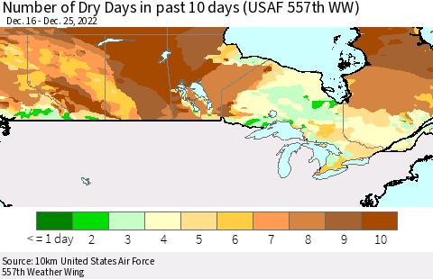 Canada Number of Dry Days in past 10 days (USAF 557th WW) Thematic Map For 12/21/2022 - 12/25/2022