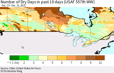 Canada Number of Dry Days in past 10 days (USAF 557th WW) Thematic Map For 12/26/2022 - 12/31/2022