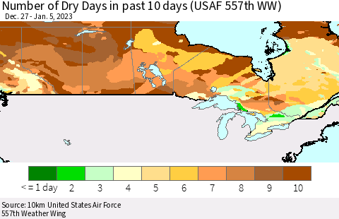 Canada Number of Dry Days in past 10 days (USAF 557th WW) Thematic Map For 1/1/2023 - 1/5/2023