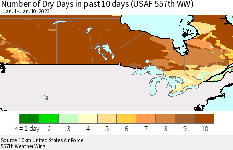 Canada Number of Dry Days in past 10 days (USAF 557th WW) Thematic Map For 1/6/2023 - 1/10/2023