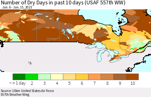 Canada Number of Dry Days in past 10 days (USAF 557th WW) Thematic Map For 1/11/2023 - 1/15/2023