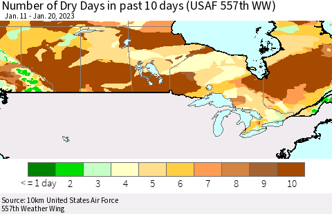 Canada Number of Dry Days in past 10 days (USAF 557th WW) Thematic Map For 1/16/2023 - 1/20/2023