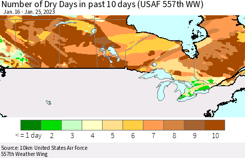Canada Number of Dry Days in past 10 days (USAF 557th WW) Thematic Map For 1/21/2023 - 1/25/2023