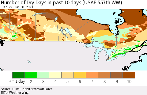 Canada Number of Dry Days in past 10 days (USAF 557th WW) Thematic Map For 1/26/2023 - 1/31/2023