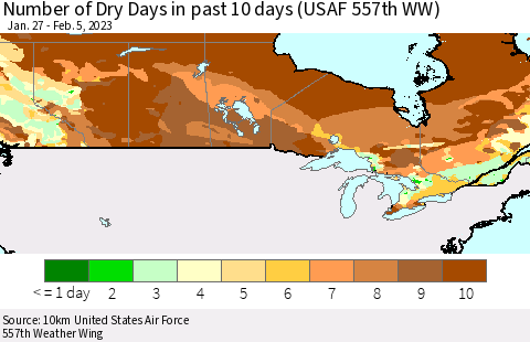 Canada Number of Dry Days in past 10 days (USAF 557th WW) Thematic Map For 2/1/2023 - 2/5/2023