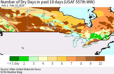 Canada Number of Dry Days in past 10 days (USAF 557th WW) Thematic Map For 2/6/2023 - 2/10/2023