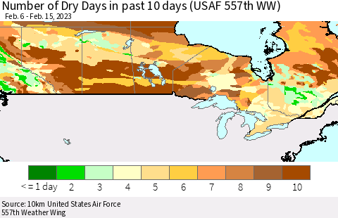 Canada Number of Dry Days in past 10 days (USAF 557th WW) Thematic Map For 2/11/2023 - 2/15/2023