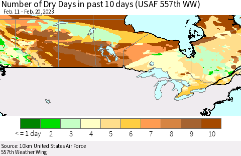 Canada Number of Dry Days in past 10 days (USAF 557th WW) Thematic Map For 2/16/2023 - 2/20/2023