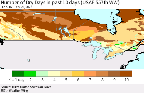 Canada Number of Dry Days in past 10 days (USAF 557th WW) Thematic Map For 2/21/2023 - 2/25/2023