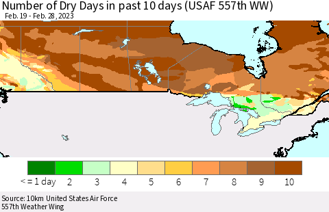 Canada Number of Dry Days in past 10 days (USAF 557th WW) Thematic Map For 2/26/2023 - 2/28/2023