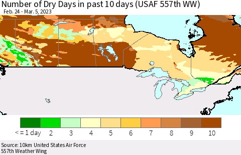 Canada Number of Dry Days in past 10 days (USAF 557th WW) Thematic Map For 3/1/2023 - 3/5/2023