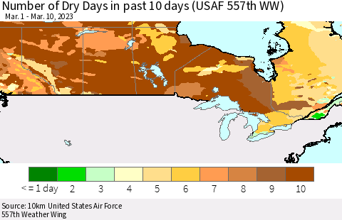 Canada Number of Dry Days in past 10 days (USAF 557th WW) Thematic Map For 3/6/2023 - 3/10/2023