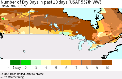 Canada Number of Dry Days in past 10 days (USAF 557th WW) Thematic Map For 3/11/2023 - 3/15/2023