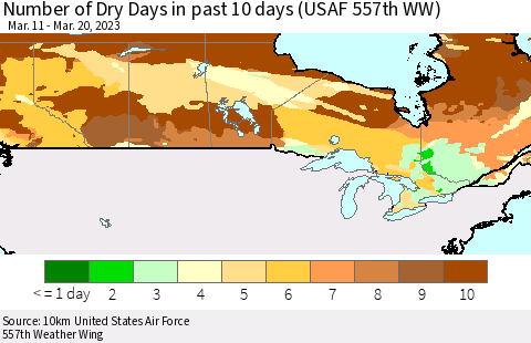 Canada Number of Dry Days in past 10 days (USAF 557th WW) Thematic Map For 3/16/2023 - 3/20/2023