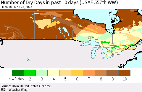 Canada Number of Dry Days in past 10 days (USAF 557th WW) Thematic Map For 3/21/2023 - 3/25/2023