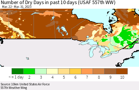 Canada Number of Dry Days in past 10 days (USAF 557th WW) Thematic Map For 3/26/2023 - 3/31/2023