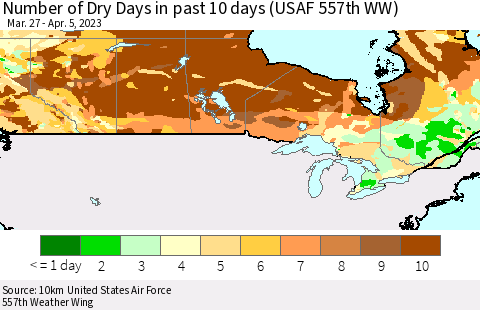 Canada Number of Dry Days in past 10 days (USAF 557th WW) Thematic Map For 4/1/2023 - 4/5/2023