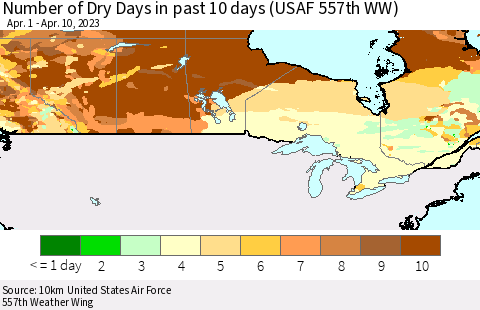 Canada Number of Dry Days in past 10 days (USAF 557th WW) Thematic Map For 4/6/2023 - 4/10/2023