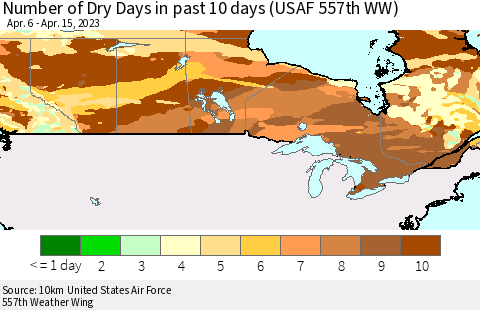 Canada Number of Dry Days in past 10 days (USAF 557th WW) Thematic Map For 4/11/2023 - 4/15/2023