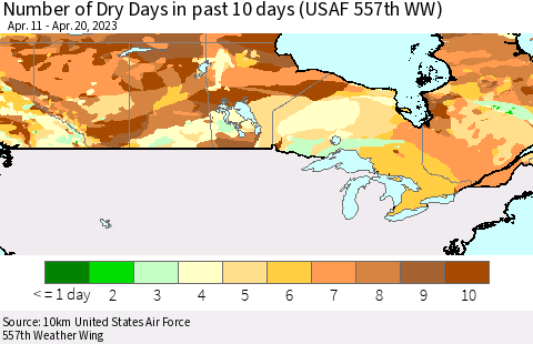 Canada Number of Dry Days in past 10 days (USAF 557th WW) Thematic Map For 4/16/2023 - 4/20/2023