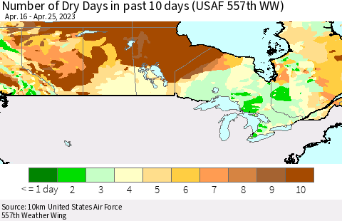Canada Number of Dry Days in past 10 days (USAF 557th WW) Thematic Map For 4/21/2023 - 4/25/2023