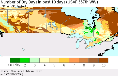 Canada Number of Dry Days in past 10 days (USAF 557th WW) Thematic Map For 4/26/2023 - 4/30/2023