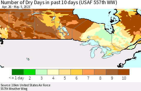 Canada Number of Dry Days in past 10 days (USAF 557th WW) Thematic Map For 5/1/2023 - 5/5/2023