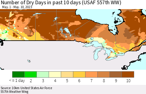 Canada Number of Dry Days in past 10 days (USAF 557th WW) Thematic Map For 5/6/2023 - 5/10/2023