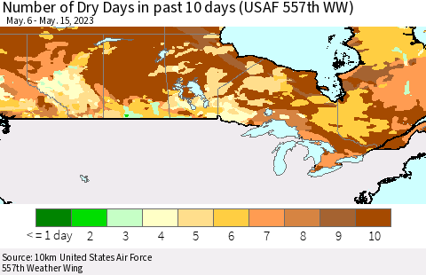 Canada Number of Dry Days in past 10 days (USAF 557th WW) Thematic Map For 5/11/2023 - 5/15/2023