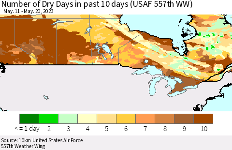 Canada Number of Dry Days in past 10 days (USAF 557th WW) Thematic Map For 5/16/2023 - 5/20/2023