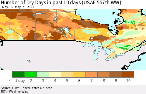 Canada Number of Dry Days in past 10 days (USAF 557th WW) Thematic Map For 5/21/2023 - 5/25/2023