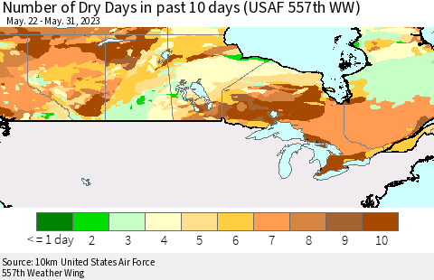 Canada Number of Dry Days in past 10 days (USAF 557th WW) Thematic Map For 5/26/2023 - 5/31/2023