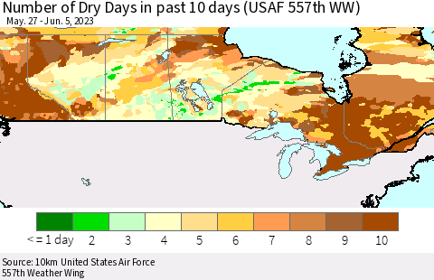Canada Number of Dry Days in past 10 days (USAF 557th WW) Thematic Map For 6/1/2023 - 6/5/2023