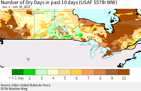 Canada Number of Dry Days in past 10 days (USAF 557th WW) Thematic Map For 6/6/2023 - 6/10/2023