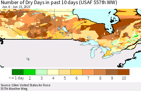 Canada Number of Dry Days in past 10 days (USAF 557th WW) Thematic Map For 6/11/2023 - 6/15/2023