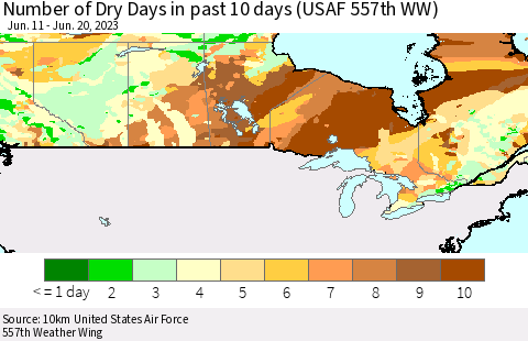 Canada Number of Dry Days in past 10 days (USAF 557th WW) Thematic Map For 6/16/2023 - 6/20/2023
