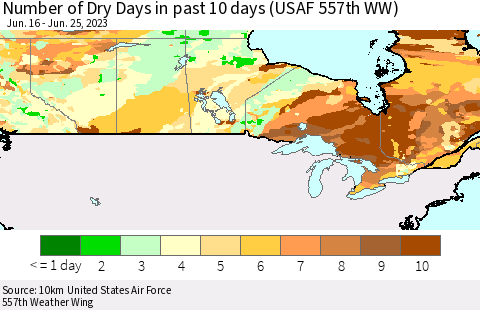 Canada Number of Dry Days in past 10 days (USAF 557th WW) Thematic Map For 6/21/2023 - 6/25/2023